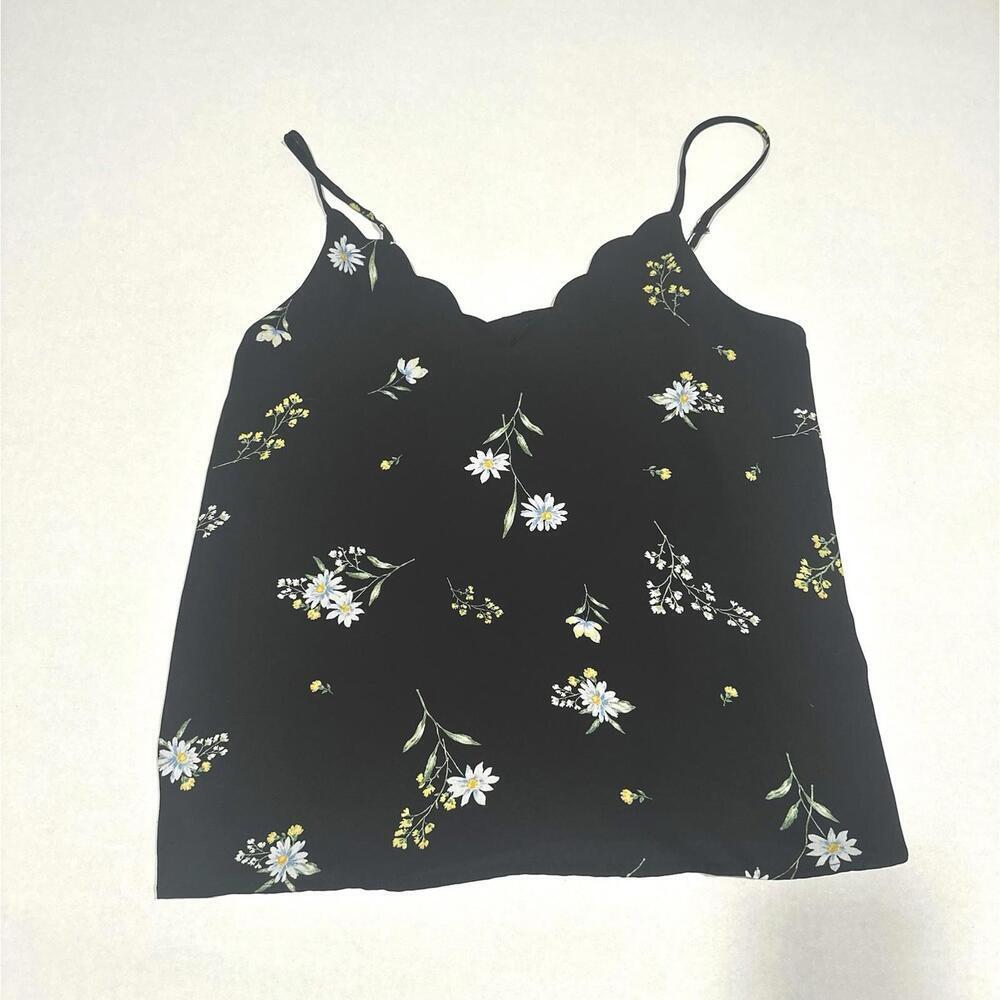 Socialite Women's Black V-neck Formal Tank Top Floral Daisy Scalloped Neckline L